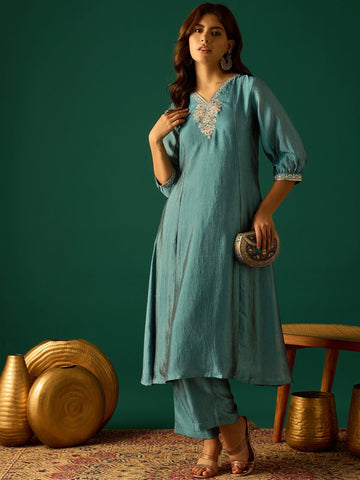 A-Line Kurta With A Zari Embroidered Yoke And V-Neck, Paired With Solid Ankle-Length Trousers For A Graceful Ethnic Look